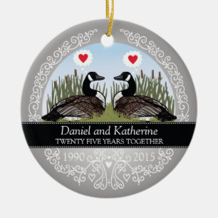 Personalised 25th Wedding Anniversary, Geese Ceramic Tree Decoration