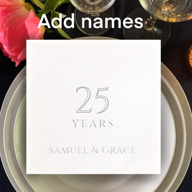 Personalised 25th Wedding Anniversary Party Silver Foil Napkins (Silver foil napkins, personalize with names for simple elegant silver 25th wedding anniversary party)