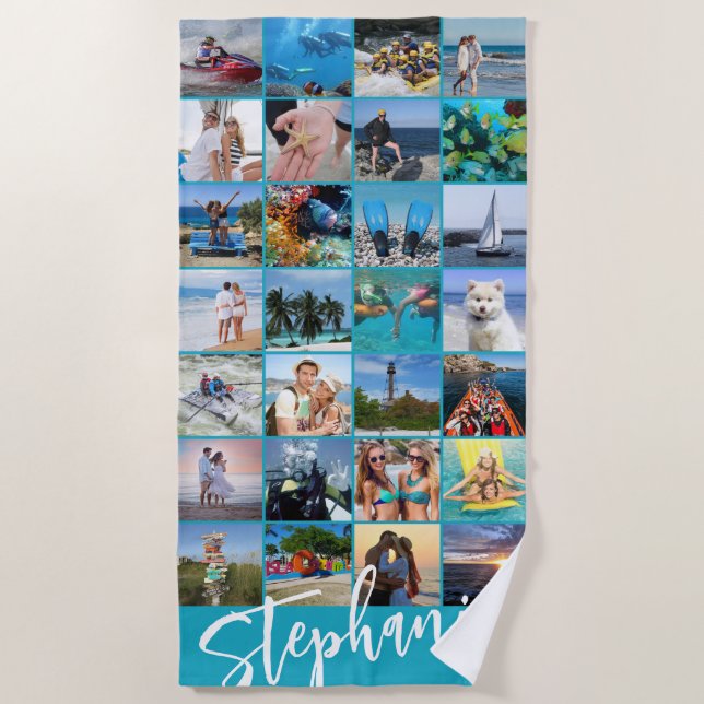 Personalised 28 Photo Collage Custom Colour Beach Towel (Front)