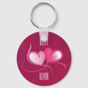 Personalised 2 Hearts Dancing on Fuschia Pink Key Ring