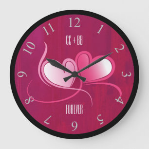 Personalised 2 Hearts on a Fuschia Pink Background Large Clock