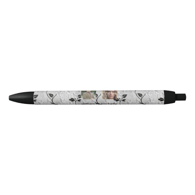 Personalised 2-Image Black & White Florals Ink Pen (Front)