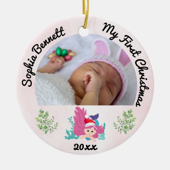Personalised 2 Photo Babys My First Christmas 2023 Ceramic Ornament (Front)
