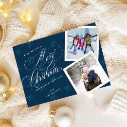 Personalised 2 Photo Collage Script Navy Blue  Holiday Card
