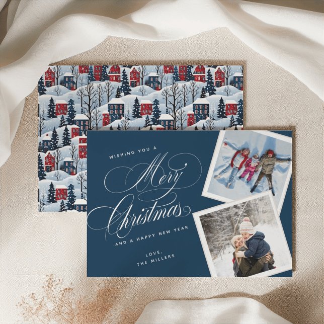 Personalised 2 Photo Collage Script Navy Blue  Holiday Card (Creator Uploaded)
