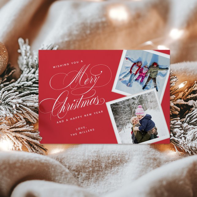 Personalised 2 Photo Collage Script Red  Holiday Card (Creator Uploaded)
