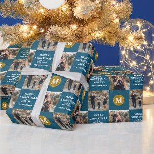 Personalised 2 Photo Monogram Blue Gold Holiday Wrapping Paper