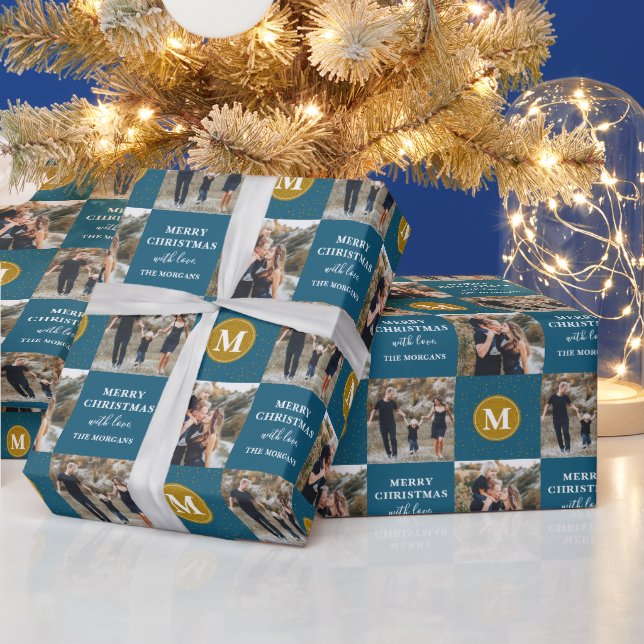 Personalised 2 Photo Monogram Blue Gold Holiday Wrapping Paper (Holidays)