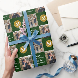 Personalised 2 Photo Monogram Green Gold Holiday Wrapping Paper