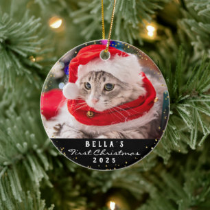 Personalised 2 Photo Pet Cat Meowy Christmas Black Ceramic Ornament