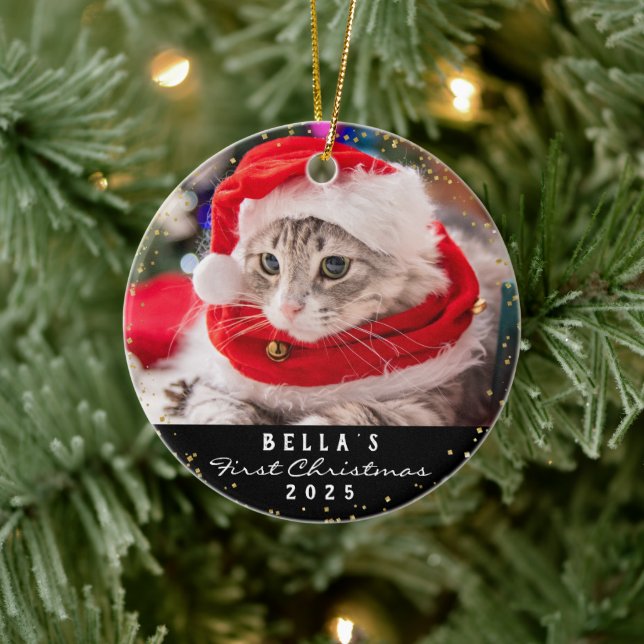 Personalised 2 Photo Pet Cat Meowy Christmas Black Ceramic Ornament (Tree)
