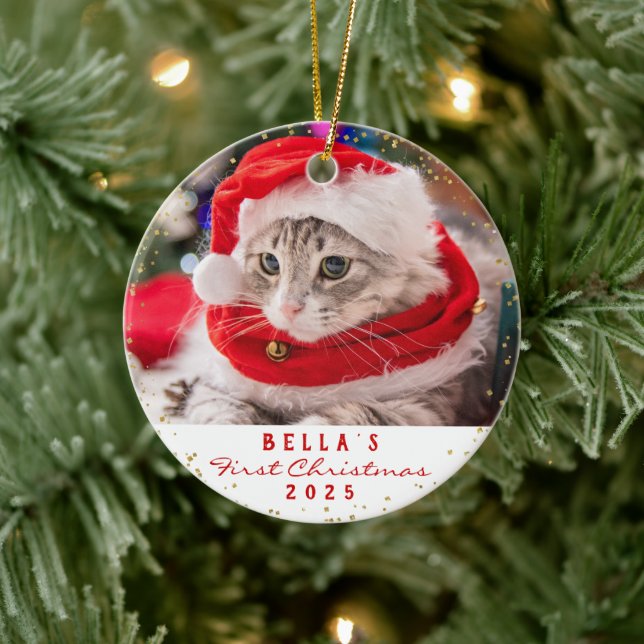 Personalised 2 Photo Pet Cat Meowy Christmas  Ceramic Ornament (Tree)