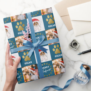 Personalised 2 Photo Pet Dog Puppy Blue Gold Paws Wrapping Paper