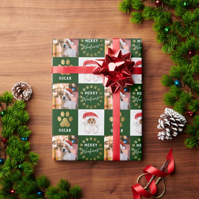 Personalised 2 Photo Pet Dog Puppy Green Gold Paws Wrapping Paper (Holiday Gift)