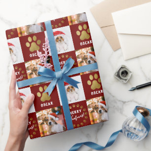 Personalised 2 Photo Pet Dog Puppy Red Gold Paws Wrapping Paper