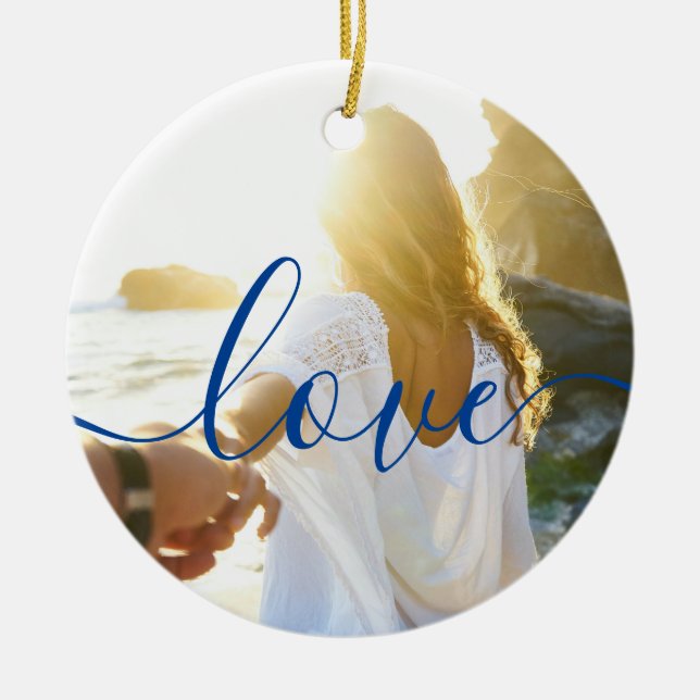 Personalised 2 Photos and Script Text Love Ceramic Ornament (Front)