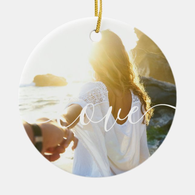 Personalised 2 Photos and Script Text Love Ceramic Ornament (Front)