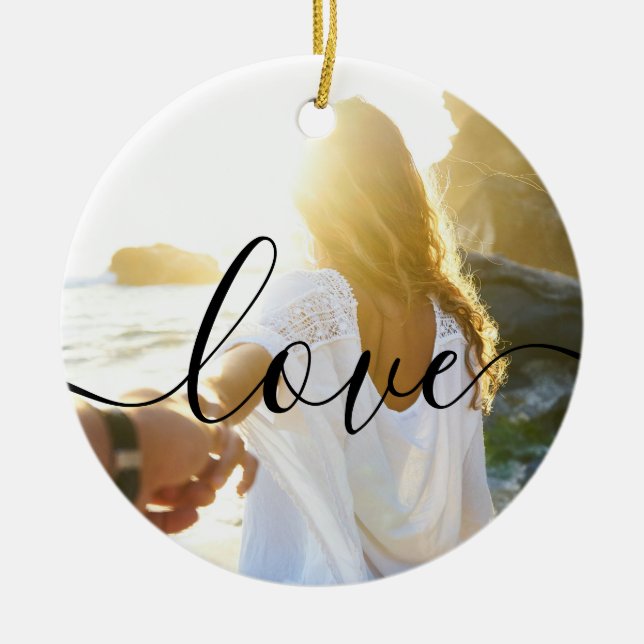 Personalised 2 Photos and Script Text Love Ceramic Ornament (Front)