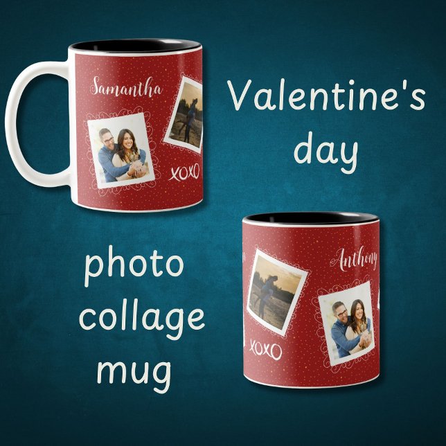 Personalised 2 photos & names on cherry red  Two-Tone coffee mug (Creator Uploaded)