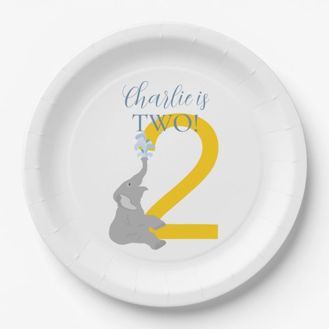 Personalised 2nd Birthday Grey Elephant Plates (Front)
