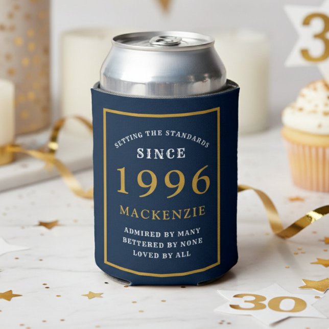 Personalised 30th Birthday 1996 Elegant Blue Gold Can Cooler (1996 blue can cooler. White background.)