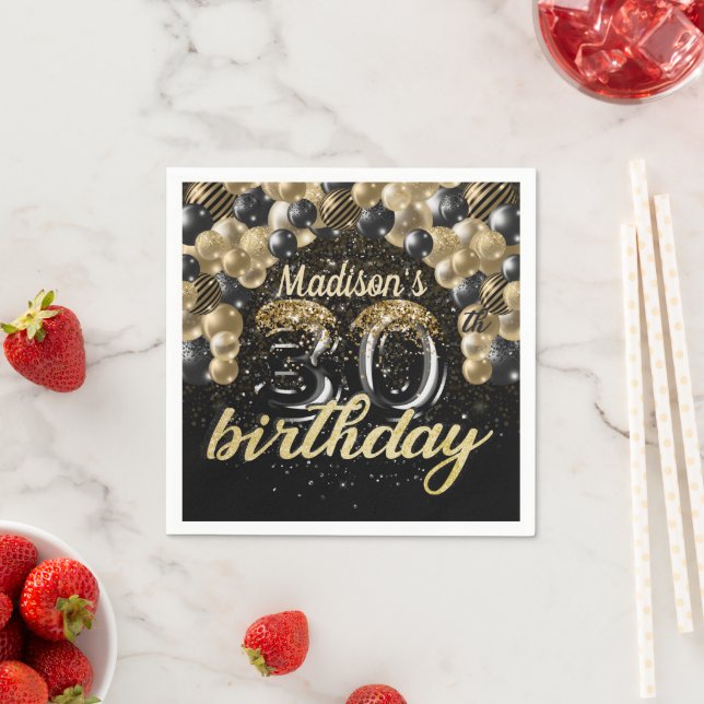 Personalised 30th Birthday Black Gold Balloon Napkin (Insitu)