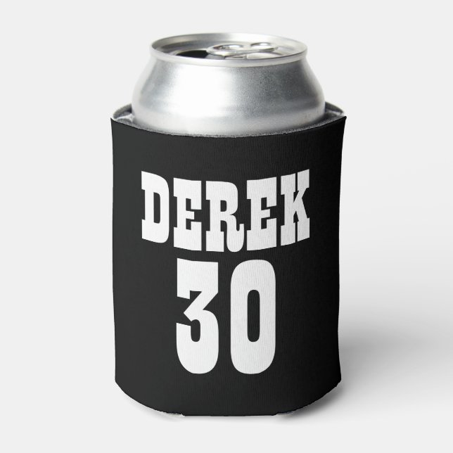 Personalised 30th Birthday Black White Can Cooler (Can Front)