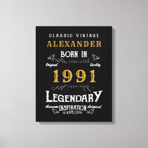Personalised 30th Birthday Born 1991 Vintage Black Canvas Print