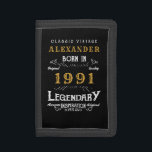 Personalised 30th Birthday Born 1991 Vintage Black Trifold Wallet<br><div class="desc">A personalised wallet design for those born in 1991 and turning 30. Add the name to this vintage retro style black, white and gold design for a custom 30th birthday gift. Easily edit the name and year with the template provided. A wonderful custom black birthday gift. More gifts and party...</div>