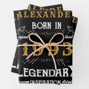 Personalised 30th Birthday Born 1993 Vintage Black Wrapping Paper Sheet