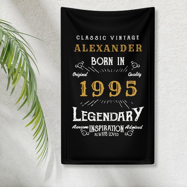 Personalised 30th Birthday Born 1995 Vintage Black Banner (Personalized 30th Birthday party banner hanging on wall)