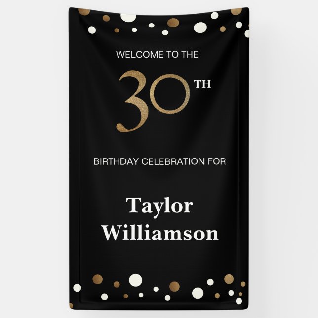 Personalised 30th Birthday Gold and black confetti Banner (Vertical)