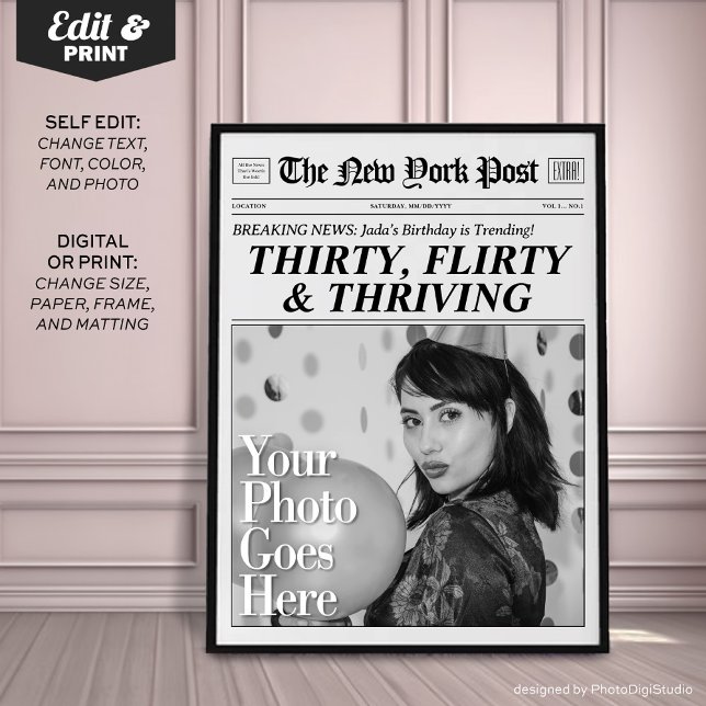 Personalised 30th Birthday Newspaper Poster Decor (Personalized 30th Birthday Newspaper Poster Decor, Thirty, Flirty and Thriving Newspaper Print)