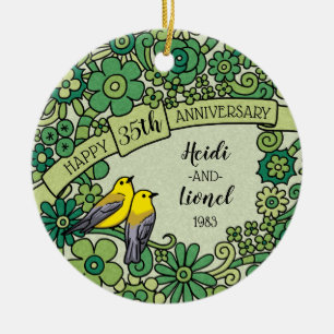 Personalised 35th Anniversary, Jade Floral Birds Ceramic Ornament