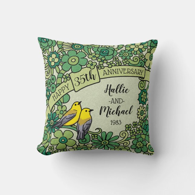 Personalised 35th Anniversary, Jade Floral Birds Cushion (Front)
