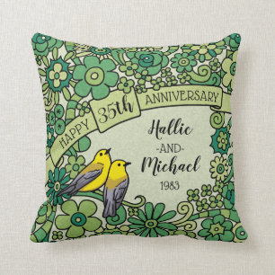 Personalised 35th Anniversary, Jade Floral Birds Cushion