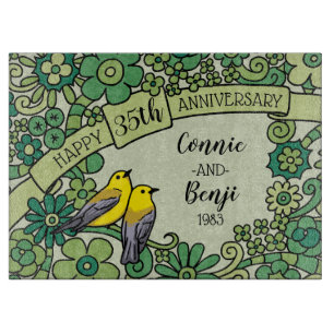 Personalised 35th Anniversary, Jade Floral Birds Cutting Board