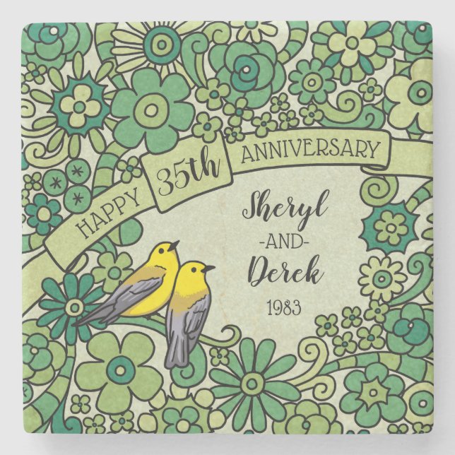 Personalised 35th Anniversary, Jade Floral Birds Stone Coaster (Front)