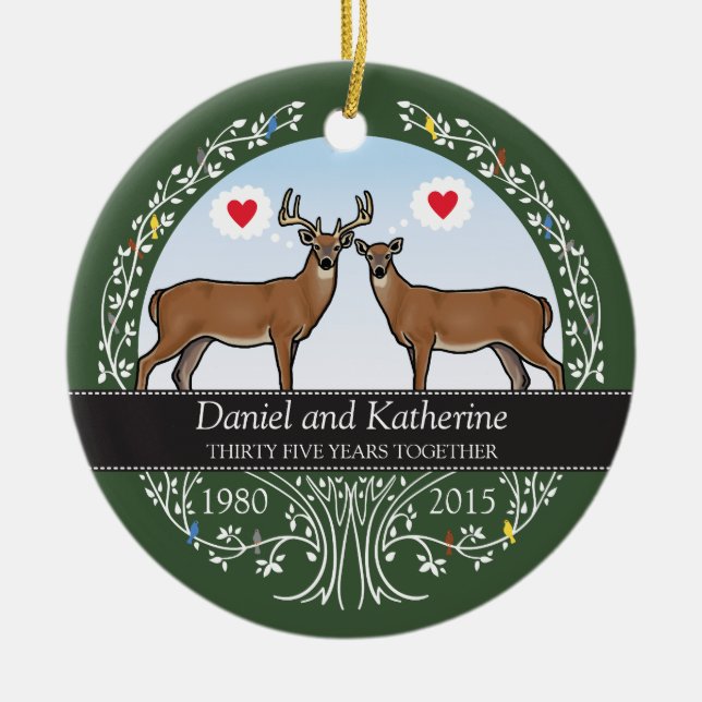 Personalised 35th Wedding Anniversary, Buck & Doe Ceramic Ornament (Front)