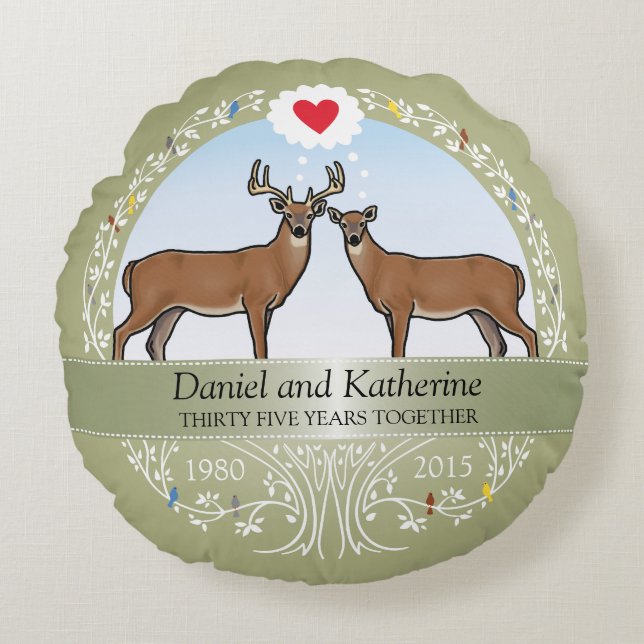 Personalised 35th Wedding Anniversary, Deer Round Cushion (Front)