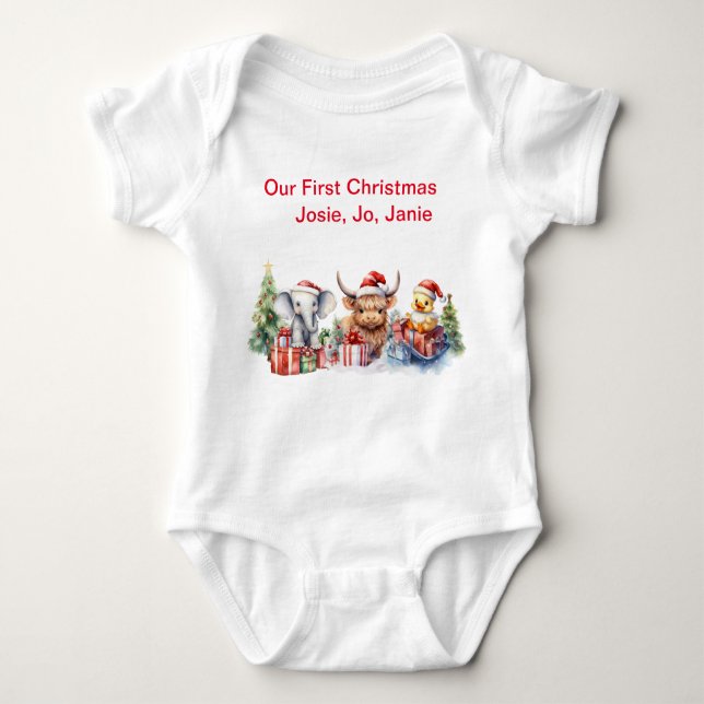 Personalised 3  Baby Animals “Our First Christmas” Baby Bodysuit (Front)