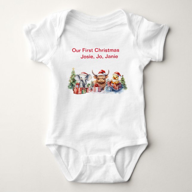 Personalised 3  Baby Animals “Our First Christmas” Bodysuit (Front)