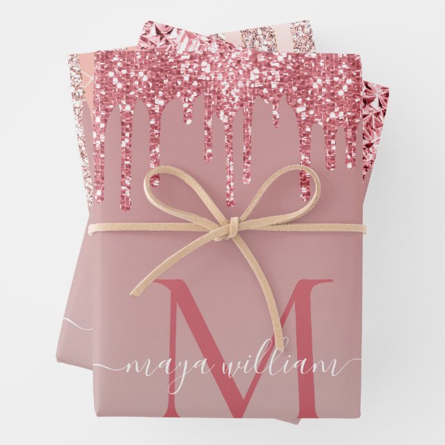Personalised 3 Colour Rose Gold Glitter Drips  Wrapping Paper Sheet (In situ)