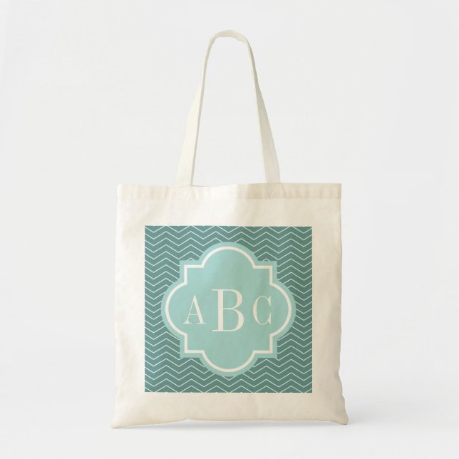 Personalised 3 letter monogram teal blue tote bag (Front)