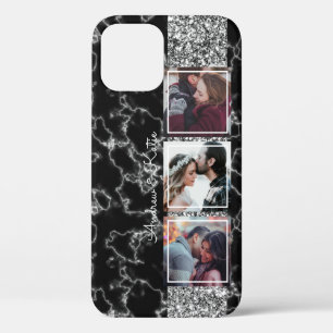 Personalised 3 Photo Collage black and Grey Marble iPhone 12 Pro Case