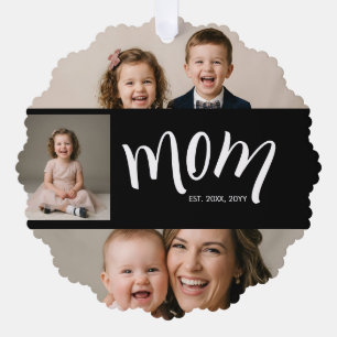 Personalised 3-Photo Collage Black Mum Est Year O Tree Decoration Card