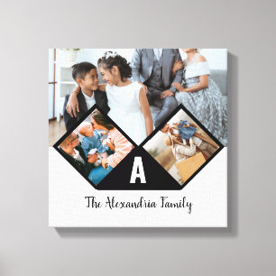Personalised 3 photo collage family monogram canvas print