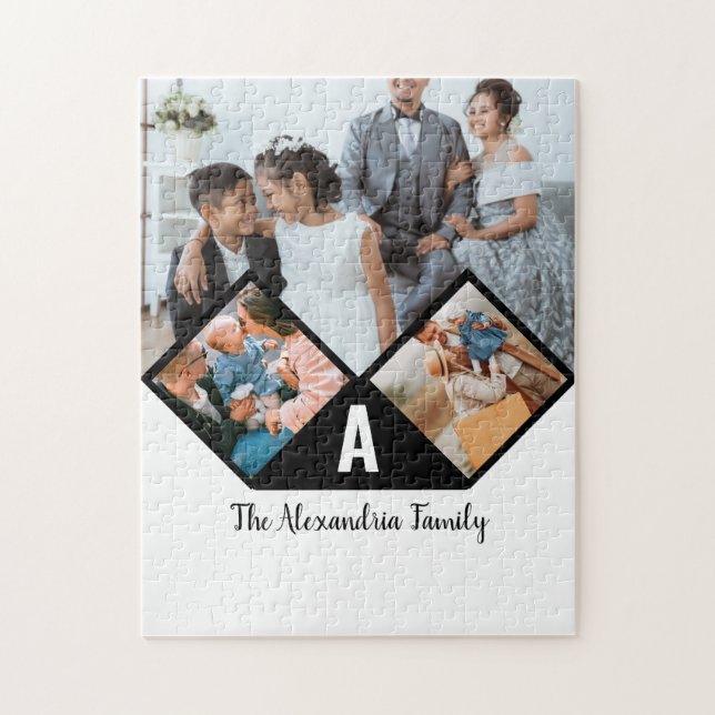 Personalised 3 photo collage family monogram jigsaw puzzle (Vertical)