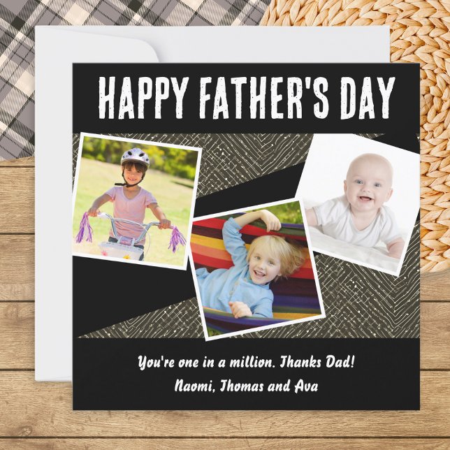 Personalised 3 Photo Collage Stylish Father's Day Holiday Card (A stylish Father's Day card in black and white, to personalize with three photos and a message)
