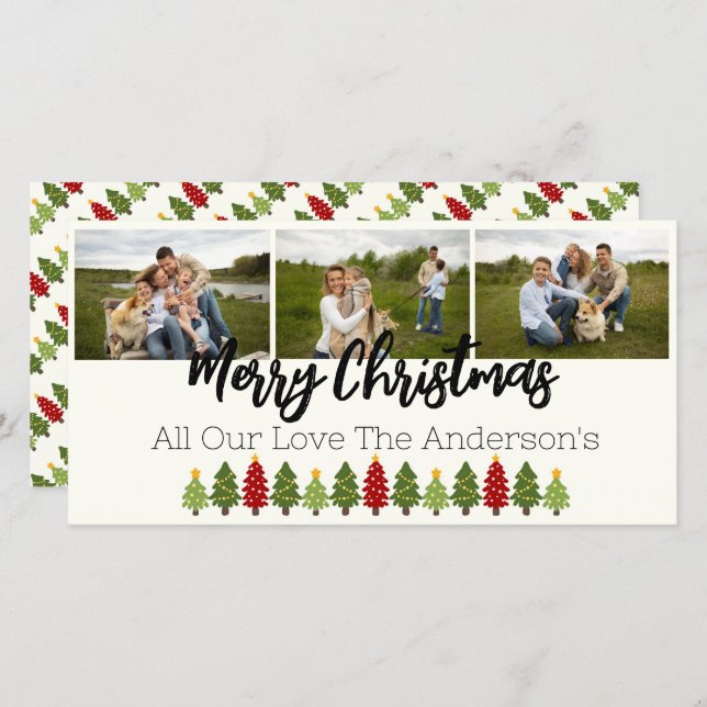 Personalised 3 Photo Collage with Christmas Trees Holiday Card (Front/Back)